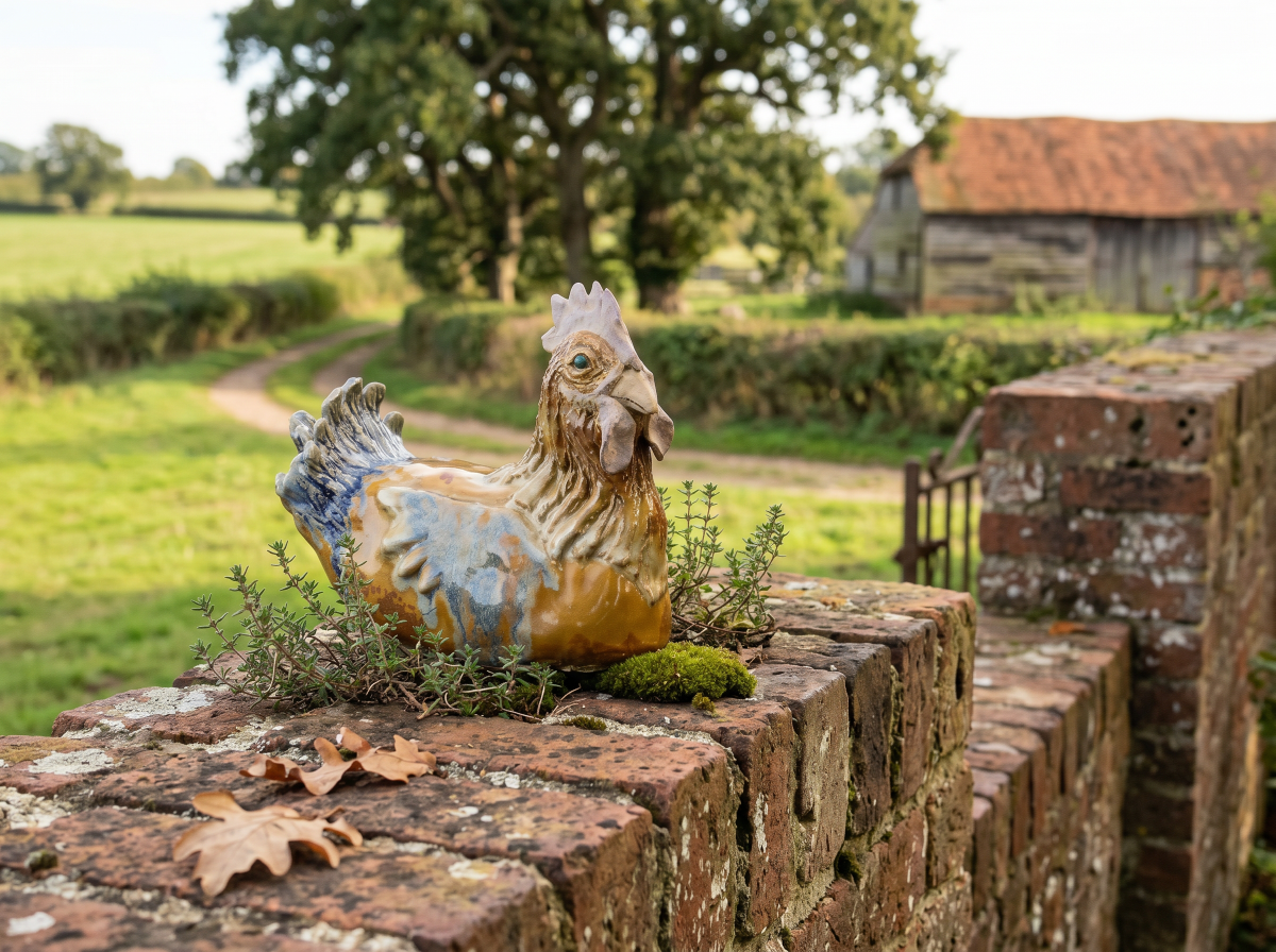 Keramik-Skulptur „Ikone“ von Jutta Eger, weißer Ton mit glasierter Oberfläche, stilisierte Hühnerform mit aufrechter Haltung, Vorderansicht rechts.